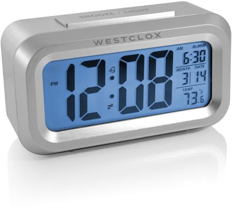 Westclox Alarm Clock with Large Digital Display and Blue Backlight on Demand, Westclox Alarm Clock, Month/Date and Temperature Display with Ascending 5 Minute Snooze Alarm, Silver