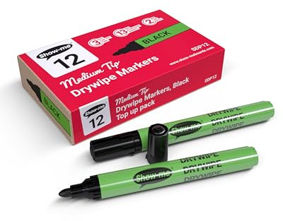 SHOW-ME - Whiteboard Markers | Drywipe, Erasable Black Medium Tip 2mm Line | Classroom Board Writing Pens with 3-Day Cap-off, Box of 12