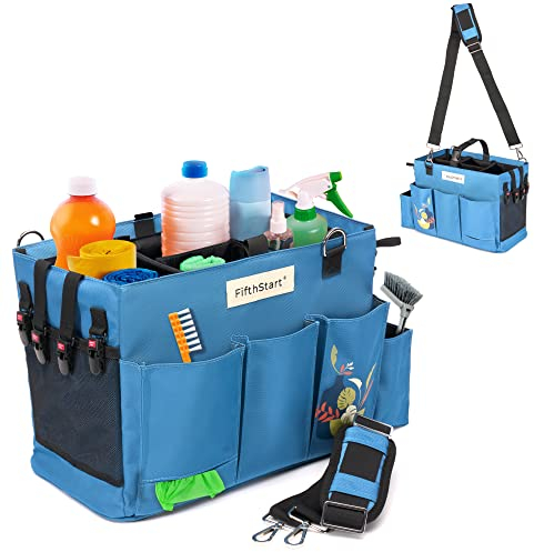 FifthStart Carro de Limpieza portátil con asa, Correa para la Cintura y el Hombro. El Organizador de Productos de Limpieza de Goma Reforzada Tiene 9 Secciones (Azul, pequeña)