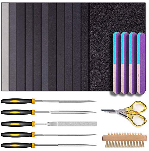 YASPIT Resin Casting Tools Set, 23 Piece - Sanding & Polishing Kit - Includes Sandpaper, File, Blocks, Scissors, Wooden Brush for Epoxy Resin Jewelry