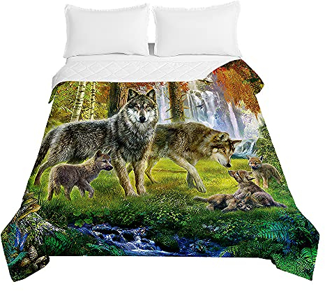 Chickw1 Tagesdecke Bettüberwurf Steppdecke, 3D Wolf Tier Drucken Sommer Tagesdecken mit Präge Wohndecke aus Mikrofaser Gesteppt Bettdecke für Einzelbett Doppelbett (Wald Wolf,220x240cm)