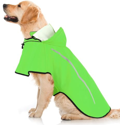 Flashseen Dog Rain Coat, Waterproof Dog Raincoat with Removable Hoodie, Pet Rain Jacket with Reflective Strip, Adjustable Lightweight Dog Hooded Raincoats for Large Dogs