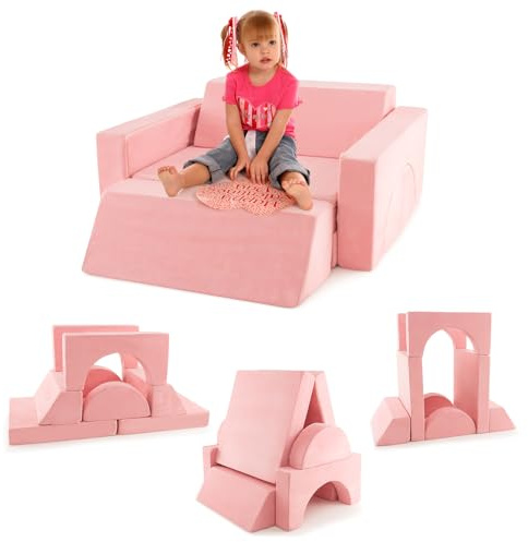 COSTWAY Divano Modulare per Bambini 8 Pezzi, Divanetto per Bambini con Copertura Staccabile per Sala Giochi e Camera da Letto, Divano Creativo per Bambini per Giocare, Creare e Dormire (Rosa)
