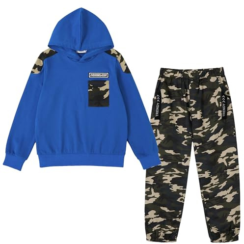 LOLANTA 2PCS Tuta da Ginnastica per Bambini Felpa per Ragazzi Top con Cappuccio e Pantaloni da Cargo Mimetici, Blu, 10-11 anni, 150