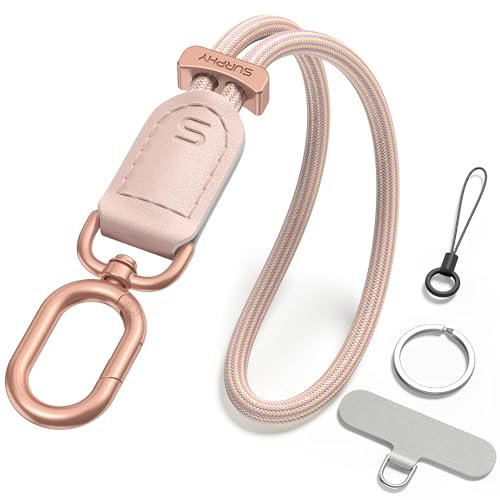 SURPHY Leder Handschlaufe Handy Universal, Verstellbares Handykette Kurz Handyband Schlüsselband lanyard Handyanhänger Trageband für iPhone AirPods Handyhülle Schlüssel Karteninhaber, Rosa