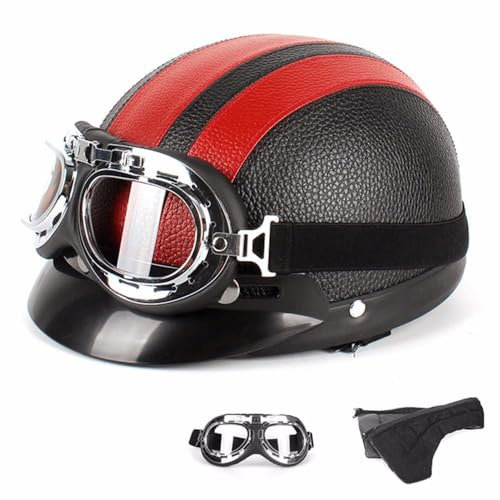 PAESCOY Casco Moto Donna Uomo Casco Aperto Retro Casco A Mezza Calotta Certificato DOT/ECE con Occhiali Protettivi Casco Scooter Casco per Ciclomotore Casco Protettivo per Cruiser Chopper,Red-54~60CM