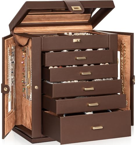 AKOZLIN 6-Tier Jewelry Box Organizer 5 Drawers Storage XXL Brown