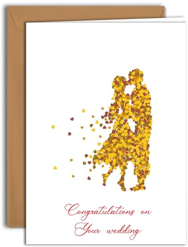 Romantic Wedding Card – Silhouette Couple of Hearts (4) | Large Folded Card (A4) – Kraft Envelope Included – Blank Inside