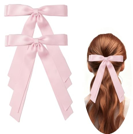 2 Pcs pink Hair Bow, Satin Bows pink Hair Ties, Large Double Satin Ribbon Hair Clips Accessories for Holiday Party Women Girls Ponytail Holder