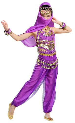 Generico 5 Pezzi Bambina Costume da BalloLatino Americano Vestiti Danza Orientale Ragazze Danza del Ventre Vestiti Bambin Gonna Frange Ragazze Costume Jasmine per Bambina
