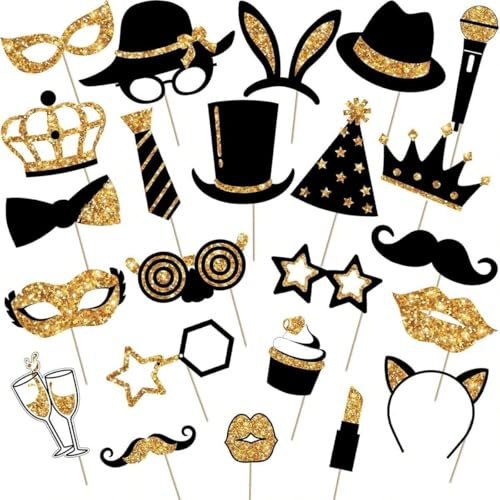 Samyosaien Photo Booth Props, Black and Gold Party Decorations 23PCS, Glitter Photo Accessories for Wedding Birthday New Year Eve Party Supplies