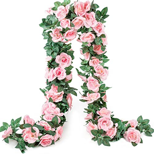 SWSTINLING 2 Pack Artificial Pink Rose Garland Vine - Total 16FT Silk Fake Blush Pink Rose Flower Hanging Vine for Wedding Arch Home Wall Decor Valentine's Day Mother's Day Baby Shower Party