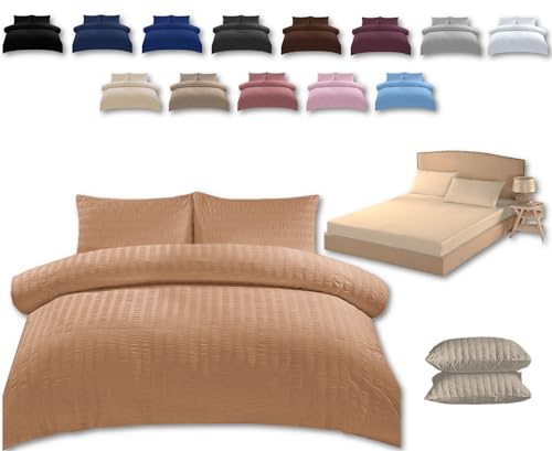 TheWhiteWater Super King Size Bed Duvet Cover Set - 3 in 1 Super King Bedding Set - Duvet Cover + Fitted Sheet + 2 Matching Pillowcases (Latte Beige, Super King - Duvet Cover + Fitted Sheet)