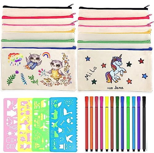 12 Stück DIY Blanko Stoff Federmäppchen, Stoffbeutel zum Bemalen, Stoffbeutel Reißverschluss Blanko, Kindergeburtstag Basteln, Kinder Federmäppchen, Taschen Kindergeburtstag für Federmäppchen Bemalen