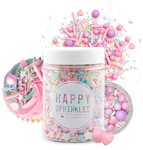 HAPPY SPRINKLES® Pastel Vibes 180 g | Färgglad strössel mix med choklad att dekorera | Perfekt tårtunderlägg | Med stjärnor, icke-pareiller och pärlor | Sockerdekoration i rosa lila färgglad