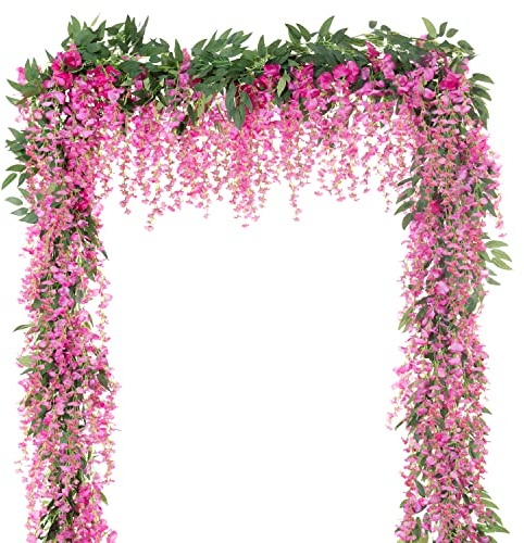 LUWENER 2pcs 7FT Blumengirlande künstliche Glyzinien Girlande, Künstliche Blume Girlande Wisteria Hängende Blumen Rebe Bluerain für Home Wedding Party Garten Dekoration (Magenta)