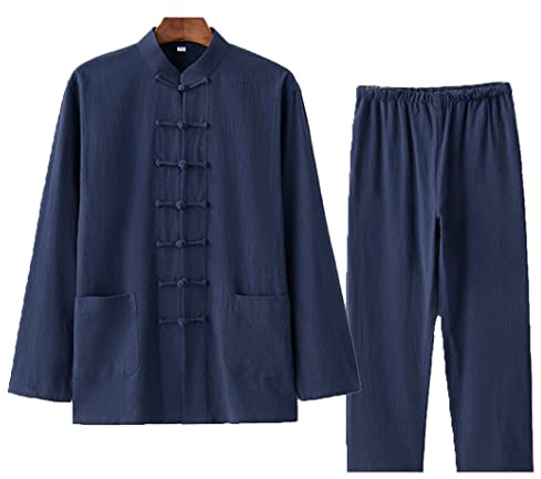 QPZK Baumwolle Leinen Tai Chi Uniform Kung Fu Anzug Chinesisch Traditionelle Kleidung Tang Anzug Herren Kampfkunst Jacke Atmungsaktiv Langarm Mantel Tops Zen Meditation Uniform, blau, 4XL/5XL