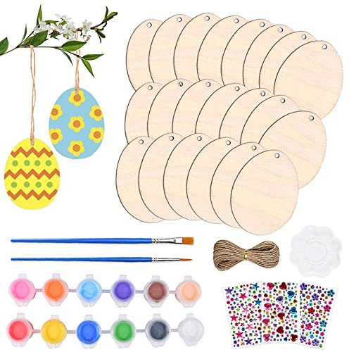 50 Stück Ostereier Holz Anhänger zum Bemalen mit Schnur, Holz Ostereier zum Bemalen, Ostern Basteln Holz Anhänger, Ostern Holz Ornamente, Strass Selbstklebend DIY Basteln, Farbpalett & Bemalen Set