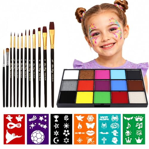 VOLLUCK Peinture Corporelle – 15 Couleurs avec 12 Pinceaux & 6 Pochoirs de Maquillage (41 Motifs) – Kit de Body Painting pour Fêtes, Carnaval, Halloween, Cosplay
