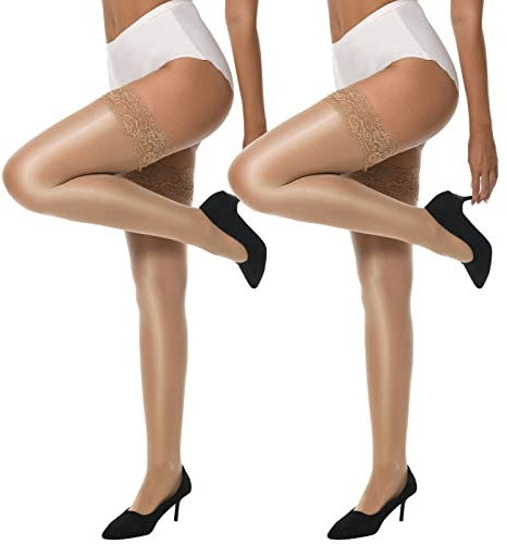 MANZI Sheer Shiny Thigh High Stockings 2 Pairs Silky lingerie Pantyhose for Women with Stay Up Silicone Lace Top(2 Natural, L/XL)
