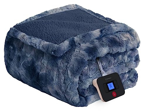 Westinghouse Heated Blanket Twin Size, Faux Fur with 10 Levels, Indigo