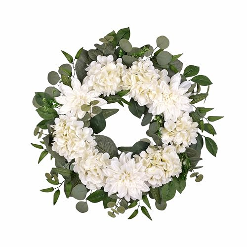 FLOROAD 24 Spring Summer Front Door Wreath, Life-Like Artificial White Dahlia Hydrangea Wreath for Wedding Valentine's Day Mother's Day Memorial Day