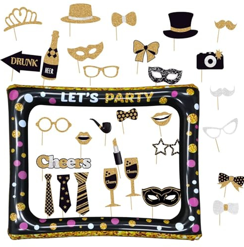 YunBey Fotobox Accessoires 31 Stück Geburtstag Fotorequisiten Set Schwarz Gold Aufblasbarer Fotorahmen Photo Booth Requisiten Partyzubehör für Hochzeit Geburtstag Party