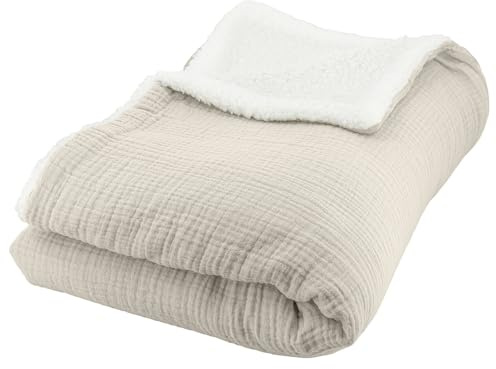 CÔTE DECO Plaid Polaire et Gaze de Coton 130x170cm, Couverture Beige Galet