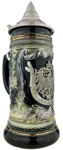 Crecontino Bierkrug mit Deckel 0,7L – Deutschland Steinkrug mit Spitzdeckel – Klassisches Bierseidel – Geschenk für Vater Männer Geburtstag (Schwarz/Braun)