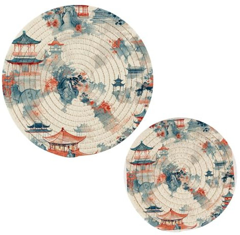 Chinese Ink Painting Pavilion 2 PC Round Potholder Trivets Heat Insulated Cotton Pot Trivets Sets for Hot Pots Dishes