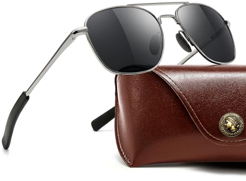 SUNGAIT Gafas de sol estilo militar con lentes de cristal auténtico de piloto HD con patillas de bayoneta con bisagra de resorte mejoradas (Gris (lentes de cristal auténtico)/Montura de color bronce)