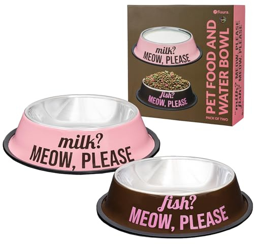 Fisura – Set 2 ciotole per gatti in acciaio inox “Meow, please”. Ciotola antiscivolo marrone e rosa per cibo 500 ml e acqua 1000 ml. Ciotole per animali domestici pratiche e durevoli