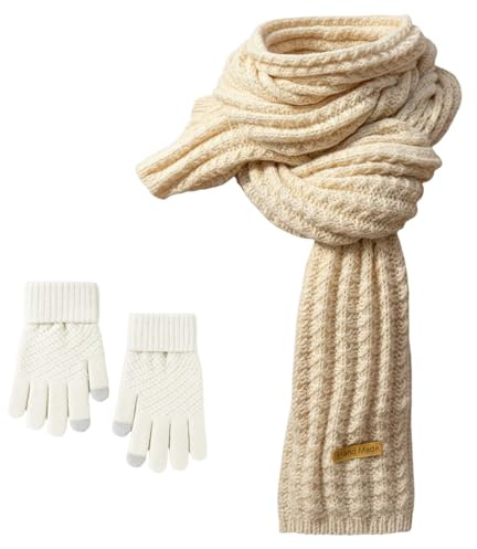 SurPse Scarf for Women UK, Cream Scarf and Gloves Set, Warm Knitted Accessories for Winter, Soft and Comfortable, Size 180x30cm, beige
