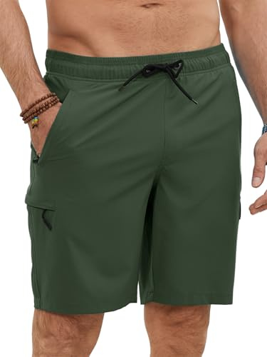 YloveM bañador Hombre Corto 2 en 1 Forro de Malla Natación bañador antirozaduras Hombre Secado Rápido Bolsillo con Cremallera Playa Impermeable Surf Traje de baño Hombre con Cordón Verde Militar L