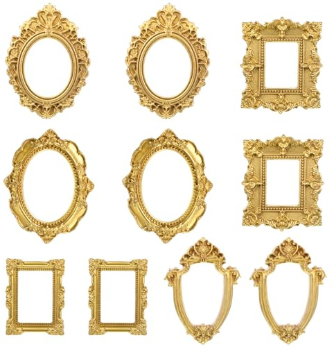 Ajcotahm 10 Stück Mini Vintage Rahmen,Kleine Bilderrahmen im Barockstil Mini Bilderrahmen Gold Vintage Bilderrahme aus Kunstharz für Schmuck DIY Wandbehang Schreibtisch Heimdekoration Antike Display
