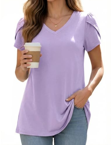 Enmain Lilac Top for Women UK Short Sleeve Blouses for Women V Neck Summer T-Shirt Loose Fit Tunic Tops Casual Swing XL