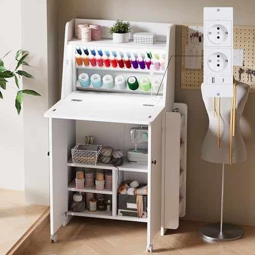 LED Nähtisch klappbar mit 33-Fach Garnhalter & 2 Steckdosen, USB+Typ-C Nähmaschinenschrank mit viel Stauraum, Mobiler Nähmaschinentisch auf Rollen, Platzsparender Basteltisch für Nähzubehör