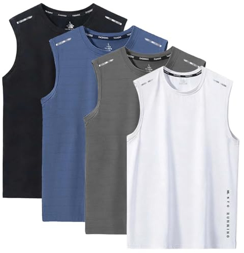 Pack of 4 Men's Running Vests, Athletic Workout Muscle Tank Tops Breathable Sports Gym Vest Tops for Men, Fitness Bodybuilding Sleeveless T-Shirts Crew Neck Shirt Lightweight Casual Undershirt