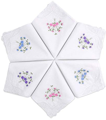 Selected Hanky Women's Cotton Handkerchiefs Flower Embroidered with Lace, Ladies Hankies 6 Pcs - Assorted