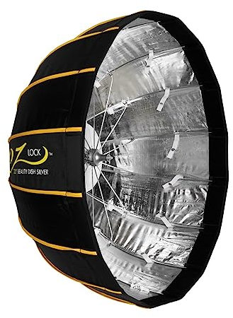 Glow EZ Lock 25quot; Collapsible Silver Beauty Dish Softbox with Bowens Mount Speedring and Deflection Disk, 16 Ribbed Design Soft Box with Silver Interior for Perfect Lighting Beauty
