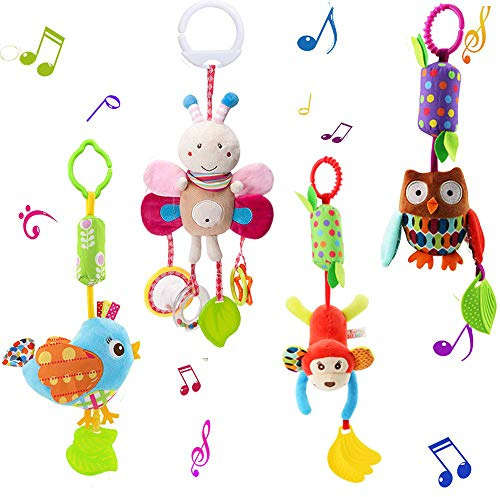 Sealive 4 Piece Baby Stroller Sensory Musical Toys, Soft Rattles Hanging Plush Activity Crib Car Seat Toys for Babies Boy Girl