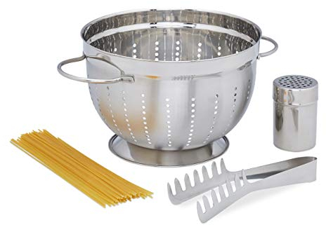 Relaxdays Standard, Nudelzange, Parmesanstreuer, Edelstahl, silber Pastaset 3-teilig, Kochzubehör für Pasta, Nudelsieb mit Griff