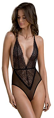 Selente Love & Fun förföriskt damunderkläder i flera delar, tillverkad i EU, av corsage med hållare och trosor eller av body/Ouvert, och exklusiv satinögonbindel, Body-svart-transparent-återvunnet eco-material, XXL/3XL