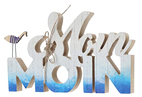 Deko Holz Schriftzug Moin 24 cm mit Möwe - Maritim Deko, Strand, Möwe, Schild im Retro Look, Deko Ferienwohnung Meer