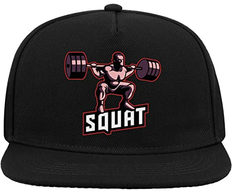 Barbell Back Squat Gym Graphic Cappello da Baseball con Visiera Piatta Snapback a 5 Pannelli Nero
