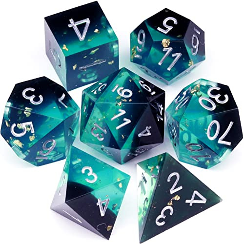 Haxtec Sharp Edge DND Würfel Set Blau Schwarz Harz Würfel Gold Flakes D&D Würfel für RPG Rollenspiel Spiele Dungeons und Drachen Geschenk Krieg Serie