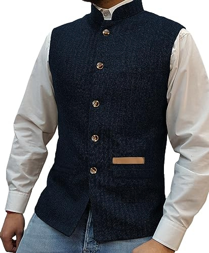 Yiaisafa Herr Mock Neck västar tweed väst stående fiskben retro brudgum fodrad vintage ull bröllop jakt, Marinblått, L