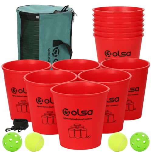 Olsa Giant Yard Pong Games, Outdoor Games for Adults and Family, Toss Games with 12 Buckets, Balls & Strength Carrying Bag for Beach, Camping, Lawn and Backyard(Red)