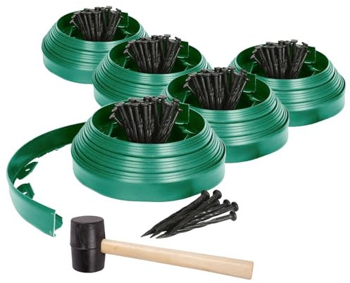 Harbour Housewares 50m Flexible Lawn Edging with 200 Pegs & Mallet - Green - Plastic Garden Edging Grass Border Flower Bed Stone Path Edge Height 4cm Patio Landscaping Divider Palisade