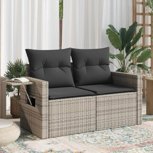 IKAYAA Sofá Jardín 2 Plazas de Ratán con Almacenamiento, Sofas Terraza, Sofá de Exterior 2 Plazas, Muebles de Terraza con Cojines Acolchados, Sofá para Jardín Patio Terraza Gris